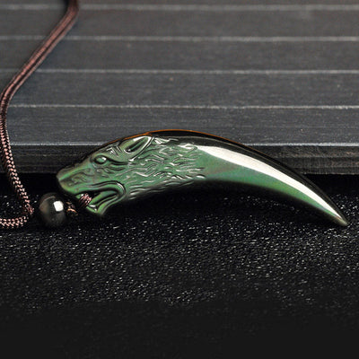 Buddha Stones Natural Black Obsidian Ice Obsidian Rainbow Obsidian Wolf Tooth Pattern Strength Necklace Pendant Necklaces & Pendants BS 16