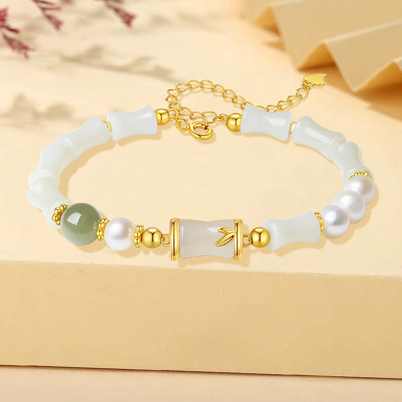 Buddha Stones 925 Sterling Silver Natural Hetian White Jade Bamboo Luck Blessing Bracelet Bracelet BS 5