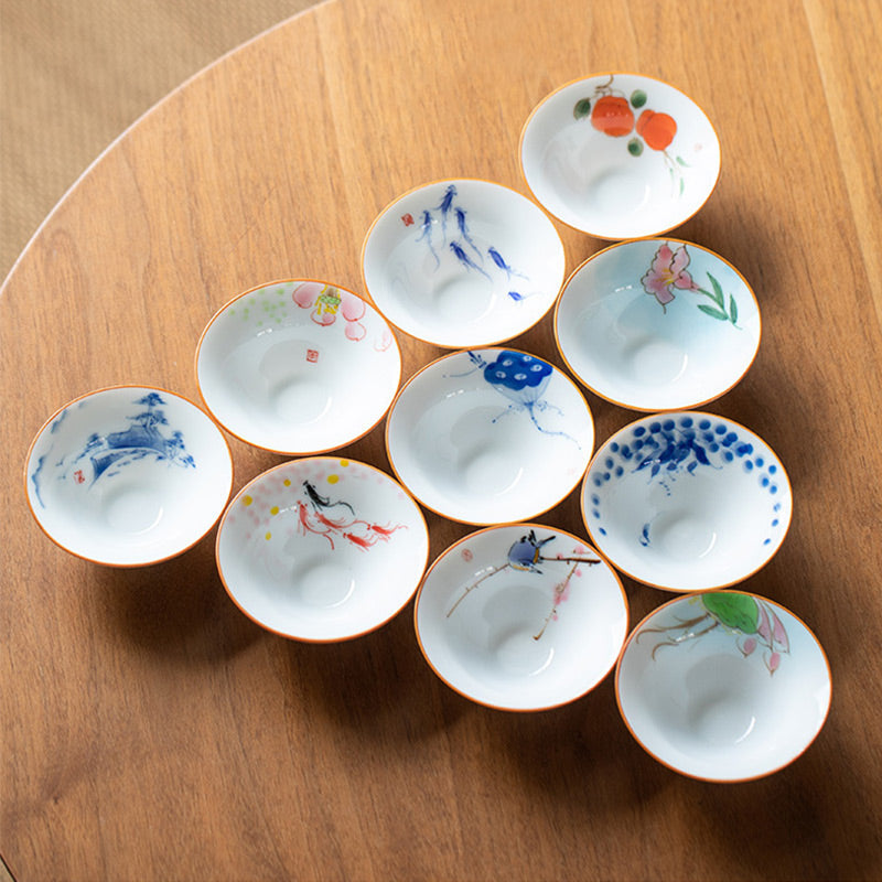 Buddha Stones Mandala Flower Koi Fish Lotus Bird Persimmons Teacup Kung Fu Tea Cup 50ml Cup BS 1