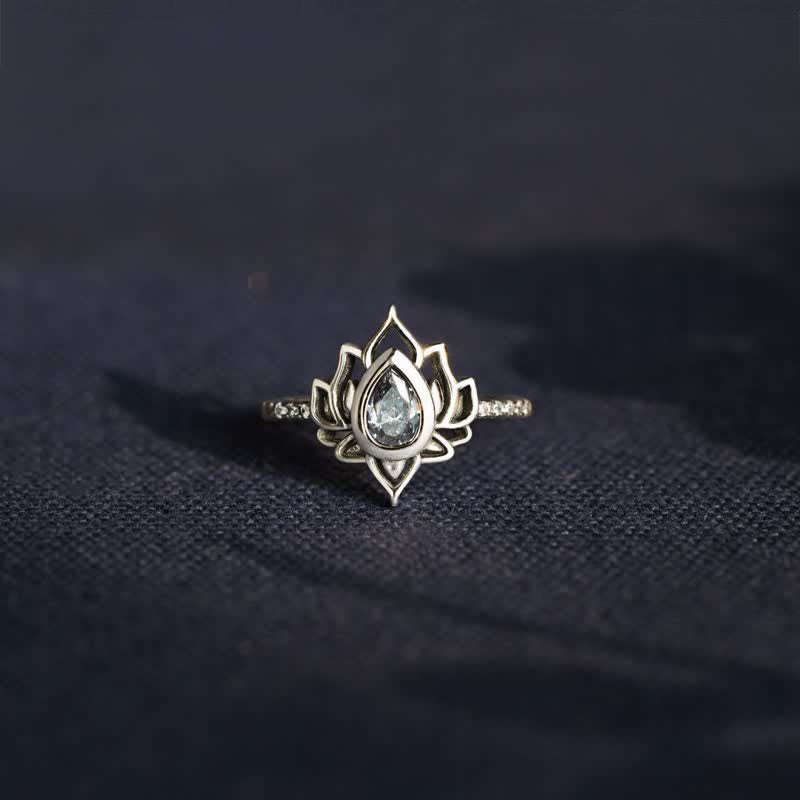 Buddhastoneshop 925 Sterling Silver Lotus Zircon Blessing Protection Ring