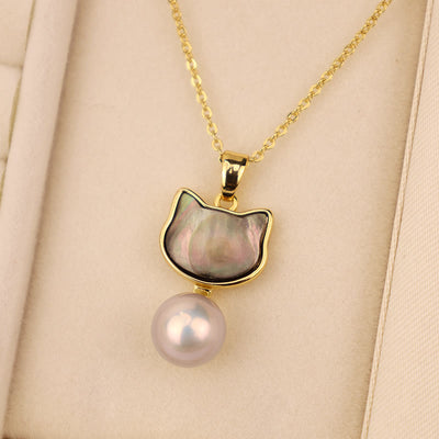 Buddha Stones Natural Pearl Copper Cat Healing Necklace Pendant Earrings Bracelet Necklaces & Pendants BS Black-Necklace(Necklace Length: 40cm)