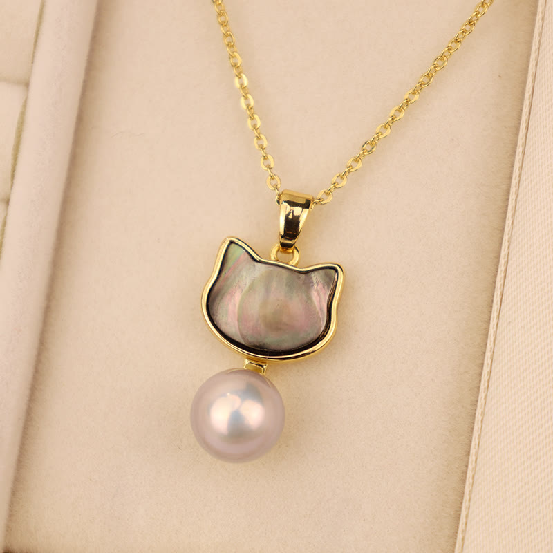 Buddha Stones Natural Pearl Copper Cat Healing Necklace Pendant Earrings Bracelet Necklaces & Pendants BS Black-Necklace(Necklace Length: 40cm)