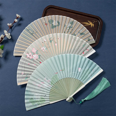 Buddha Stones Lotus Begonia Flower Jasmine Handheld Silk Bamboo Folding Fan 21cm 1