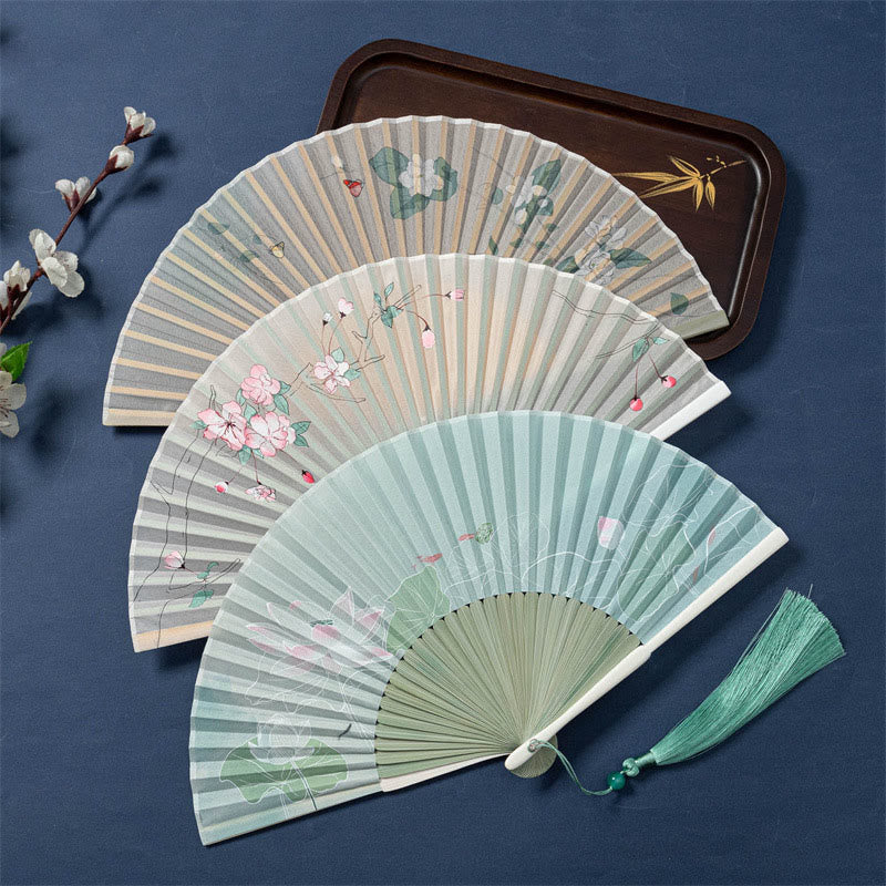 Buddha Stones Lotus Begonia Flower Jasmine Handheld Silk Bamboo Folding Fan 21cm 1