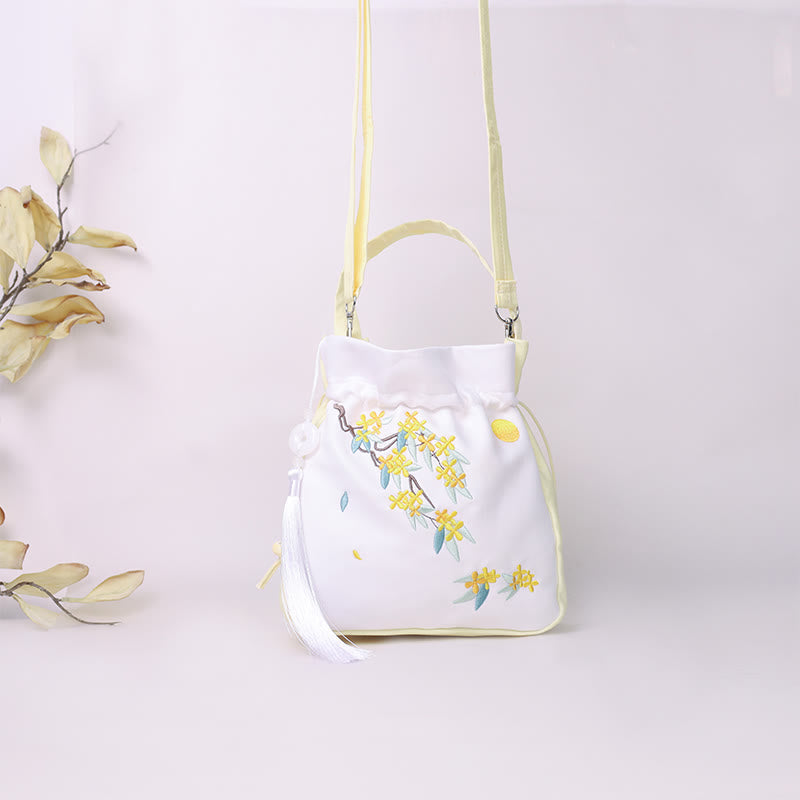 Buddha Stones Embroidered Osmanthus Peony Grape Cat Cotton Linen Tote Crossbody Bag Shoulder Bag Handbag Crossbody Bag BS 5