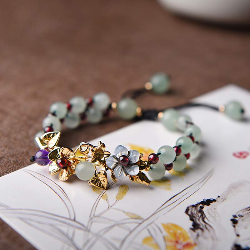 Buddha Stones Green Aventurine Garnet Bead Flower Petal Luck Bracelet Bracelet BS Green Aventurine Gold Flower