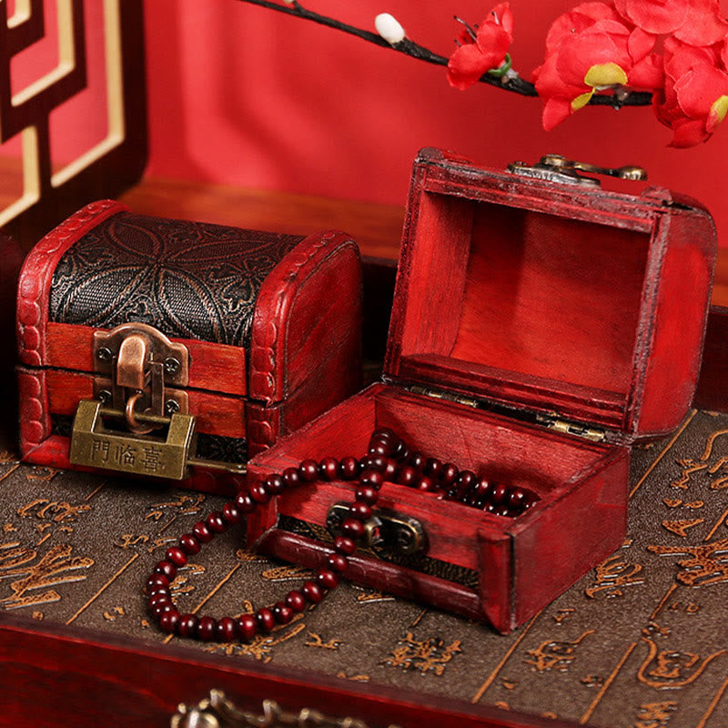 Buddha Stones Retro Small Wood Jewelry Box Lotus Golden Grape Copper Coin Daffodil Grass Flower Jewelry Storage Box Jewelry Box BS 16