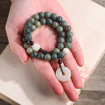Buddha Stones Cyan Bodhi Seed Lotus Jade Peace Buckle Wisdom Double Wrap Bracelet Mala Bracelet BS 3