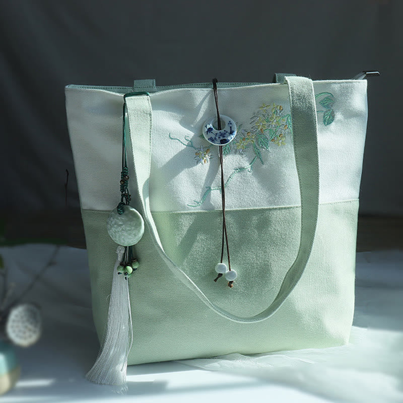 Buddha Stones Pear Flower Plum Peach Blossom Bamboo Embroidery Canvas Large Capacity Shoulder Bag Tote Bag - image 36