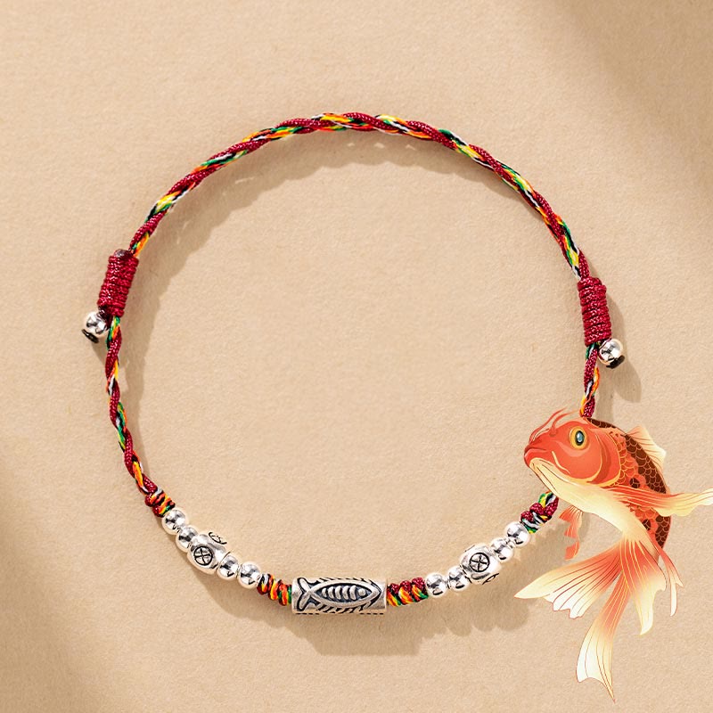 Buddha Stones 925 Sterling Silver Luck Koi Fish Braided Colorful String Bracelet Anklet Bracelet BS Bracelet(Wrist Circumference 15-20cm)