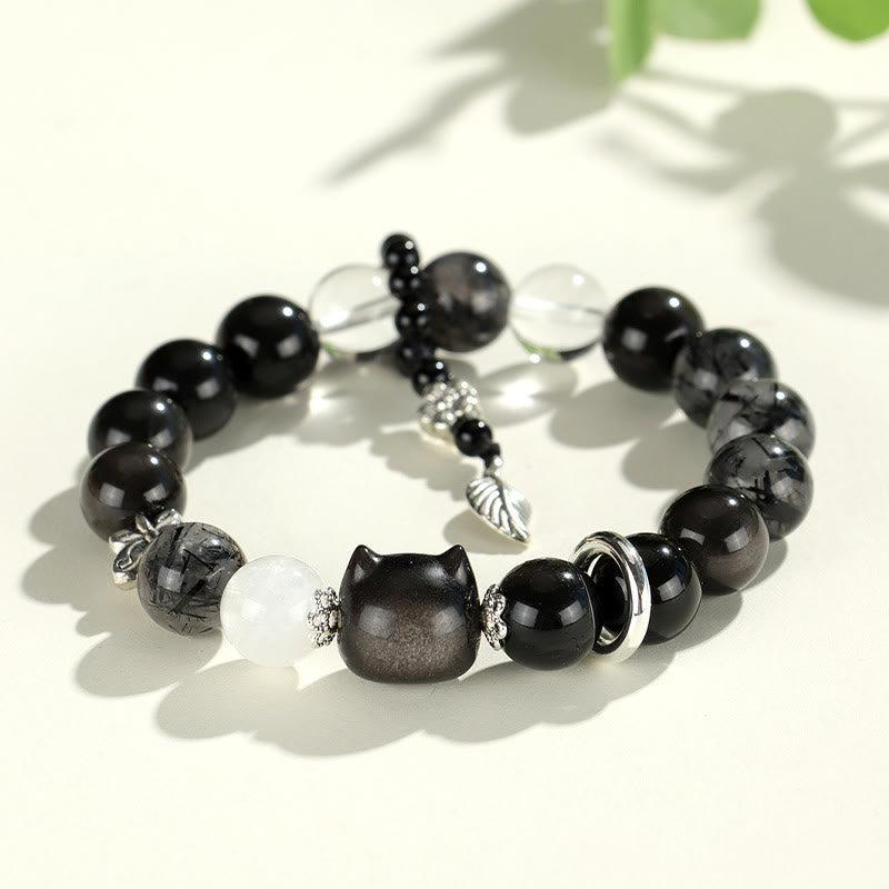Buddha Stones Natural Silver Sheen Obsidian Cat Head Fox Planet Protection Bracelet Bracelet BS Silver Sheen Obsidian Cat Head(Wrist Circumference 14-16.5cm)