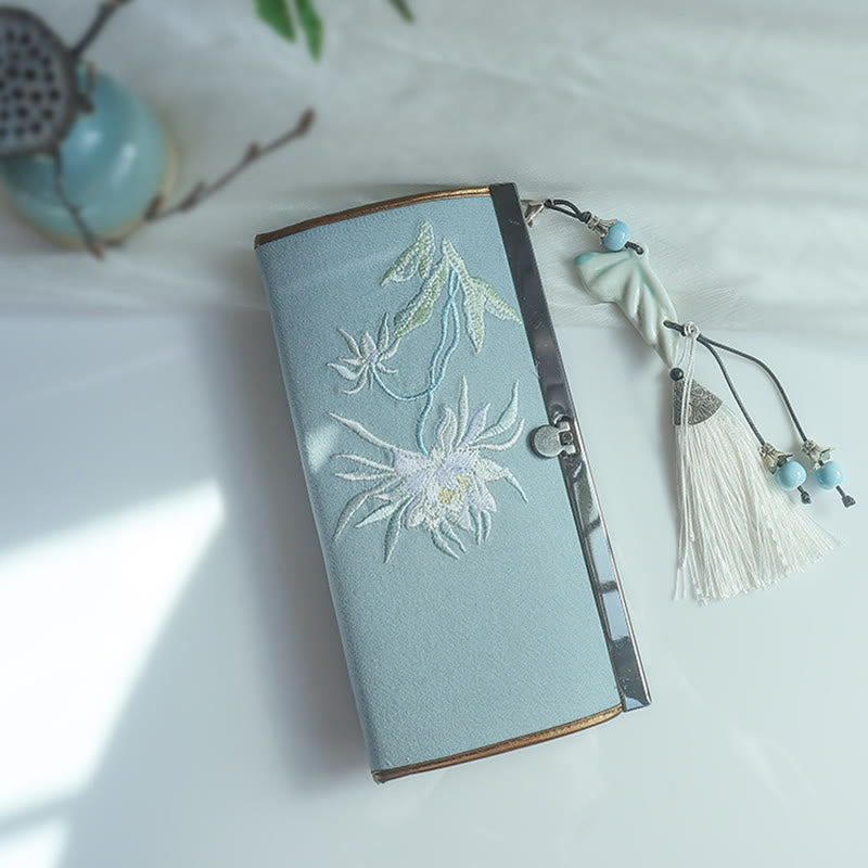 Buddha Stones Flower Plum Peach Blossom Bamboo Double-sided Embroidery Large Capacity Cash Holder Wallet Shopping Purse - Green Epiphyllum Flower - image 0