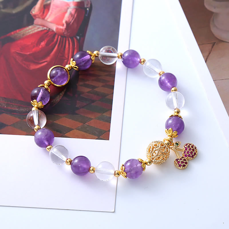 Buddha Stones Natural Amethyst White Crystal Positive Cherry Charm Bracelet Bracelet BS 1