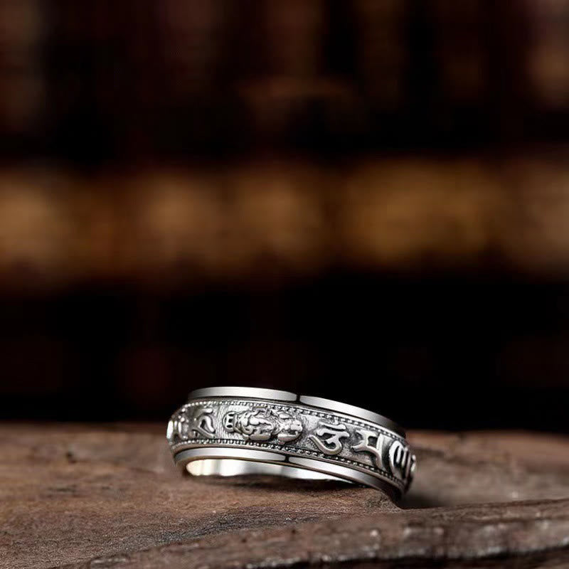Buddha Stones Tibetan Om Mani Padme Hum PiXiu Engraved Wealth Luck Rotatable Ring Ring BS 4