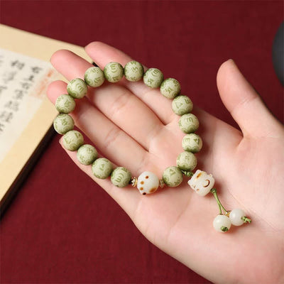 Buddha Stones Green Bodhi Seed Cat Paw Om Mani Padme Hum Engraved Wisdom Bracelet Bracelet BS 6