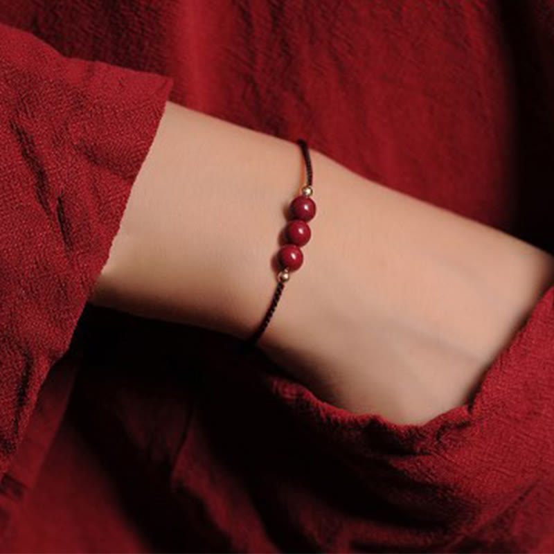 Buddha Stones 14K Gold Plated Natural Cinnabar Blessing String Braided Bracelet Bracelet BS Brown(Wrist Circumference 14-15.5cm) Three Cinnabar Beads