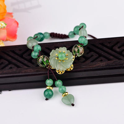 Buddha Stones Natural Green Jade Luck Dangling Flower Bracelet Bracelet BS Flower Spin