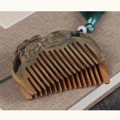 Buddha Stones Green Sandalwood Fox Peony Flower Lotus Engraved Cure Tassel Comb Comb BS 13