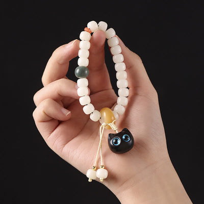 Buddha Stones Natural Bodhi Seed African Blackwood Lovely Cat Charm Peace Harmony Bracelet Bracelet BS 7