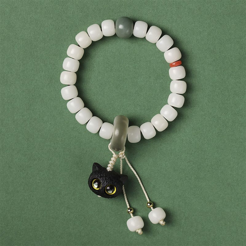 Buddha Stones Natural Bodhi Seed African Blackwood Lovely Cat Charm Peace Harmony Bracelet Bracelet BS 4