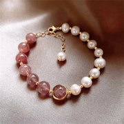 Bracelet à chaîne Foviel en quartz fraise naturel et perle, symbole d'amour et de positivité