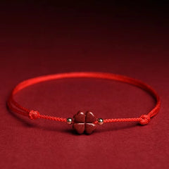 Buddha Stones Natural Cinnabar Four Leaf Clover Blessing Red String Bracelet Anklet Bracelet BS Red Anklet(Anklet Circumference 21-27cm) Without Golden Bead