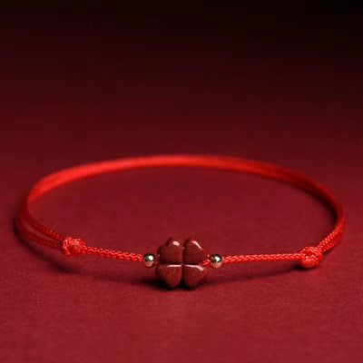 Buddha Stones Natural Cinnabar Four Leaf Clover Blessing Red String Bracelet Anklet Bracelet BS Red Anklet(Anklet Circumference 21-27cm) Without Golden Bead
