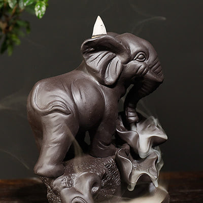 Buddha Stones Tibetan Elephant Purple Clay Backflow Smoke Fountain Peace Healing Incense Burner Decoration Incense Burner BS 4