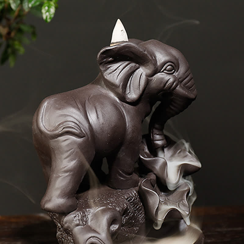 Buddha Stones Tibetan Elephant Purple Clay Backflow Smoke Fountain Peace Healing Incense Burner Decoration Incense Burner BS 4