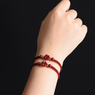 Buddha Stones Four Leaf Clover Five-petal Flower Cinnabar Blessing Red String Bracelet Bracelet BS 2