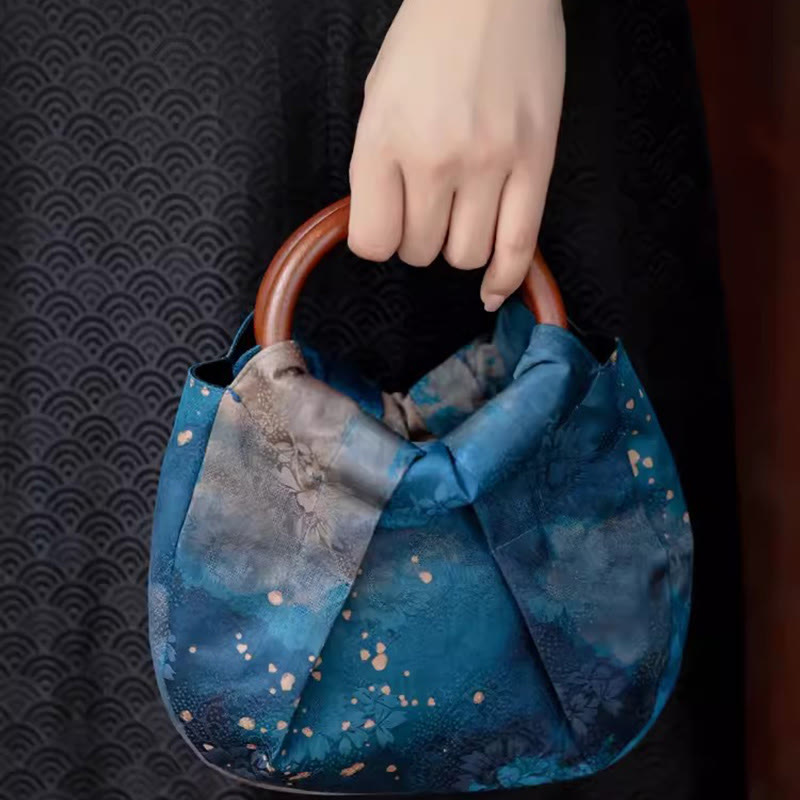 Buddha Stones Handmade Jacquard Flower Blue Wooden Handle Handbag Handbags BS 12