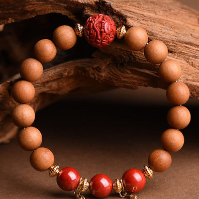 Buddha Stones Tibetan Natural Peach Wood Cinnabar PiXiu Wealth Tassels Bracelet Bracelet BS Peach Wood(Without Tassels)