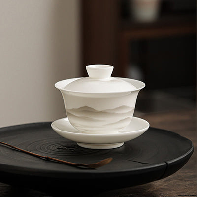 Buddha Stones Vintage Ink Painting Mountain White Porcelain Ceramic Gaiwan Sancai Teacup Kung Fu Tea Cup And Saucer With Lid Tea Utensil Teapot Cup BS 8