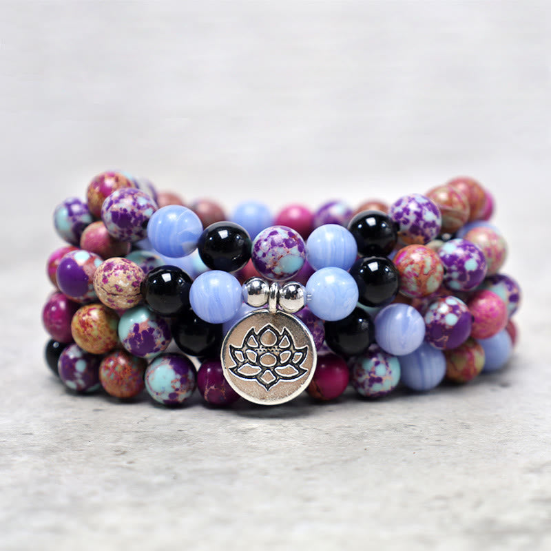 Buddha Stones Natural Purple Miano Real Stone Lotus Mala Mala Bracelet BS 5