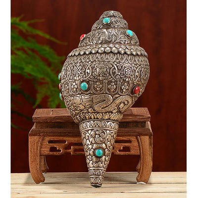 Buddha Stones Tibetan Handmade Natural Shankha Engraved Eight Auspicious Symbols Conch Shell Lucky Home Decoration Decorations BS 10