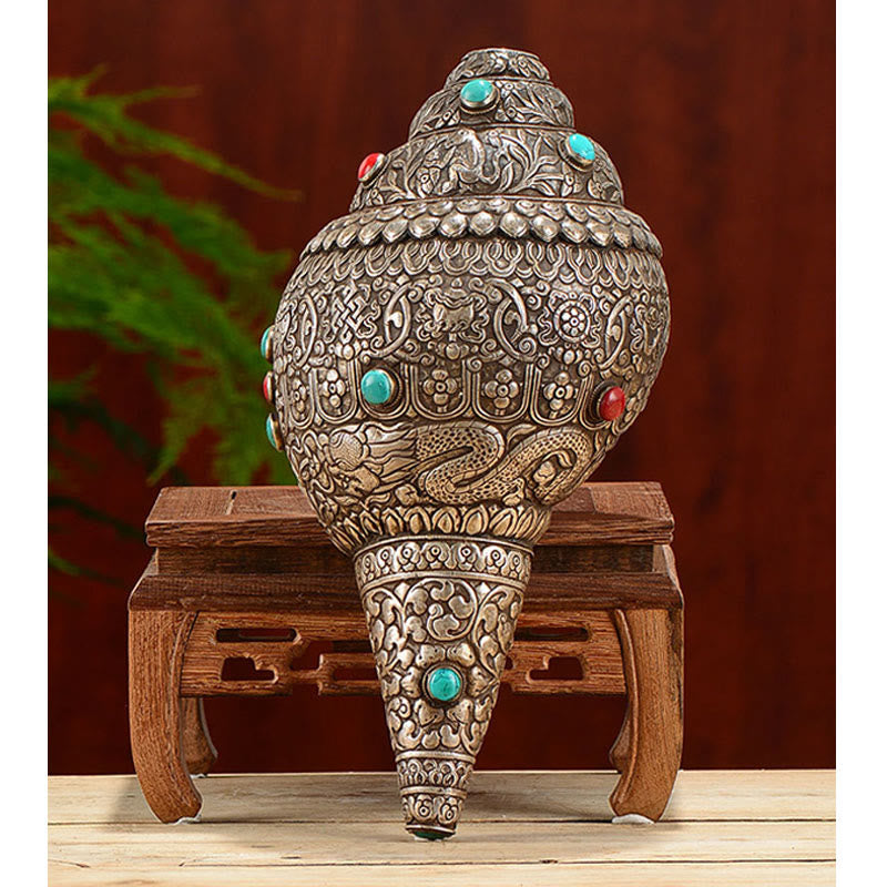Buddha Stones Tibetan Handmade Natural Shankha Engraved Eight Auspicious Symbols Conch Shell Lucky Home Decoration Decorations BS 10