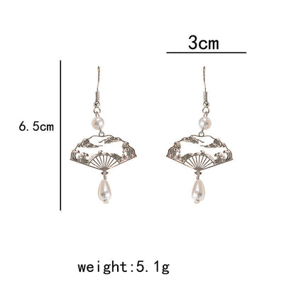 Buddha Stones Copper Fan Auspicious Clouds Pearl Healing Drop Earrings 13