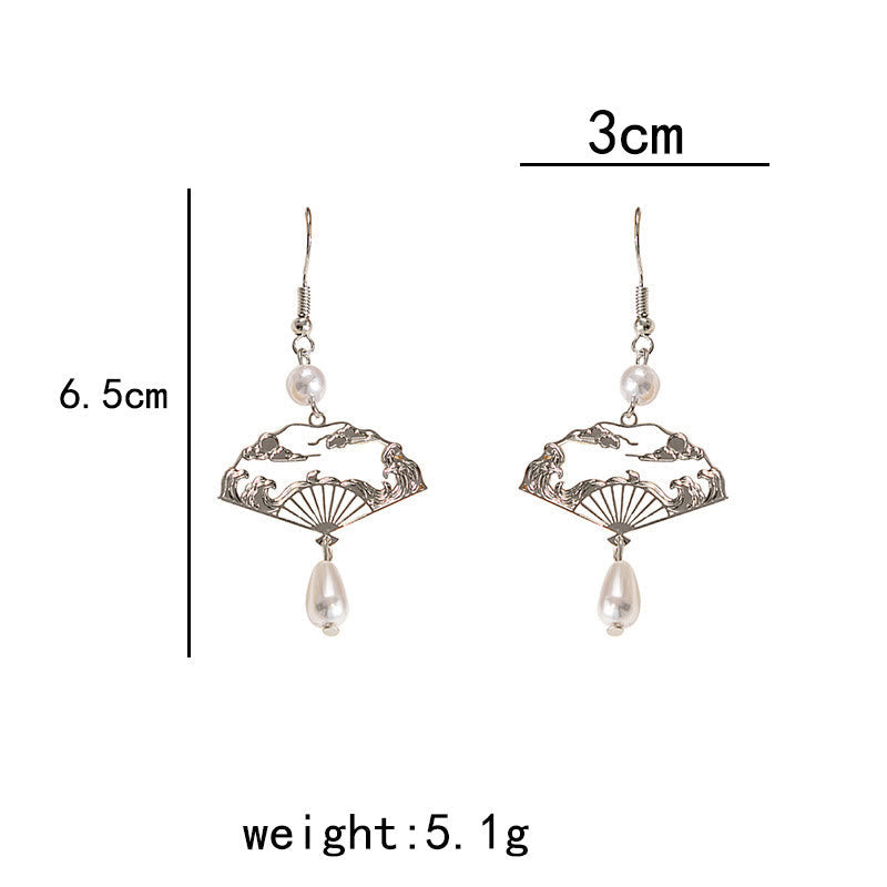Buddha Stones Copper Fan Auspicious Clouds Pearl Healing Drop Earrings 13