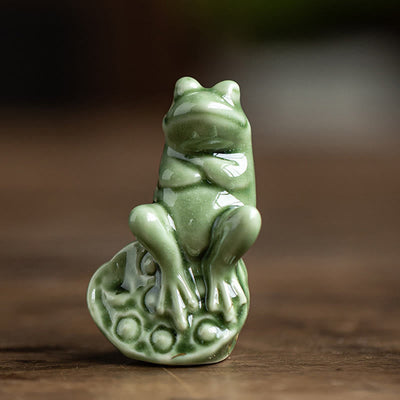 Buddha Stones Mini Small Meditation Lotus Resting Frog Ceramic Wealth Luck Home Tea Pet Figurine Decoration Decorations BS Lotus Little Frog 4*3.5*5.9cm