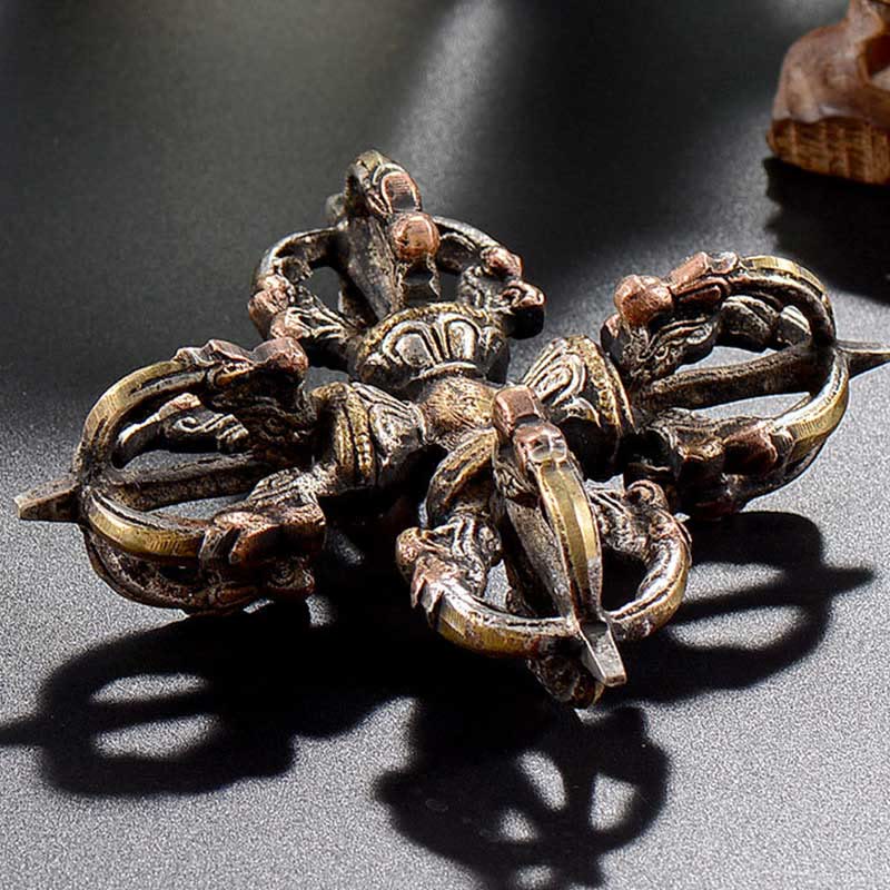 Buddha Stones Tibetan Handmade 5 Prong Double Dorje Copper Iron Thunderbolt Strength Vajra Double Dorje BS 9