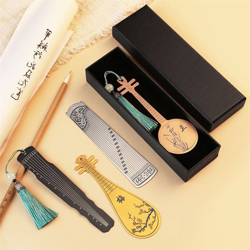 Buddha Stones Classical Musical Instruments Pipa Guzheng Guqin Ruan Metal Bookmarks Tassel With Gift Box Bookmarks BS 26