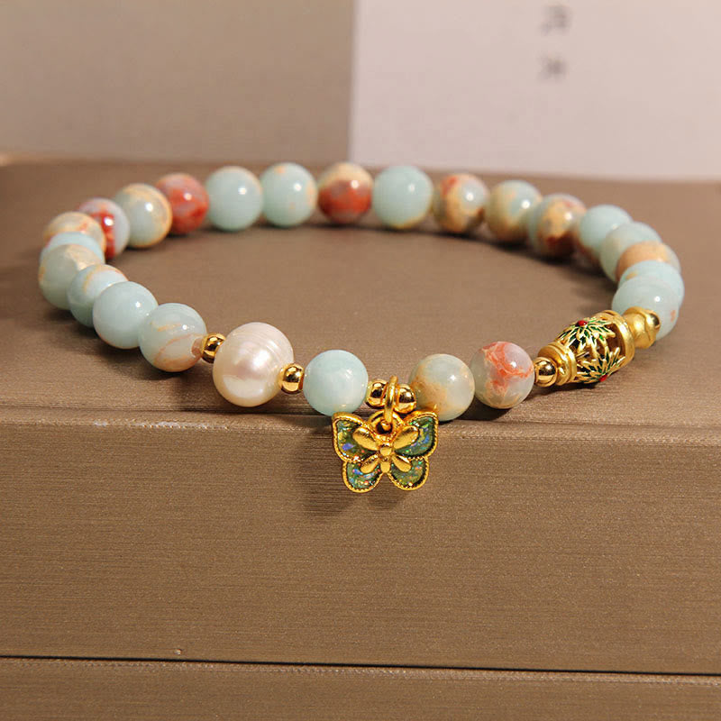 Buddha Stones Shoushan Stone Pearl Butterfly Wealth Bracelet Bracelet BS Shoushan Stone(Wrist Circumference: 14-17cm)