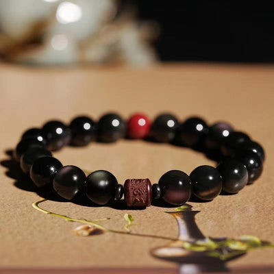 Buddha Stones Natural Gold Sheen Obsidian Rainbow Obsidian Om Mani Padme Hum Fu Character Healing Bracelet Bracelet BS 8mm Rainbow Obsidian Cinnabar Om Mani Padme Hum(Wrist Circumference 14-16cm)