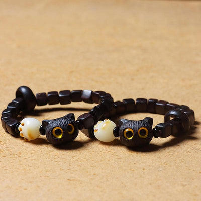 Buddha Stones Ebony Wood Cute Cat Bodhi Seed Paw Claw Square Beads Calm Bracelet Bracelet BS 3