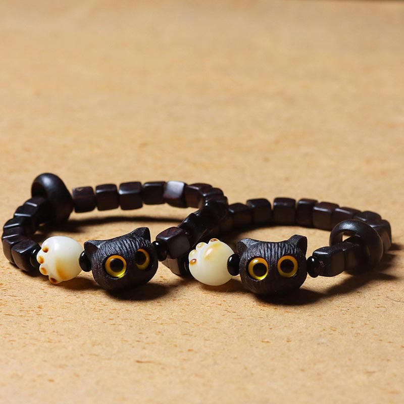 Buddha Stones Ebony Wood Cute Cat Bodhi Seed Paw Claw Square Beads Calm Bracelet Bracelet BS 3