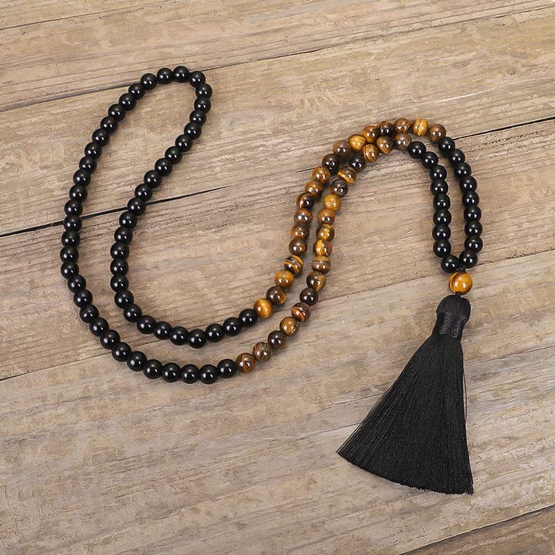 Ensemble de collier Mala de protection Foviel en onyx noir tibétain et œil de tigre