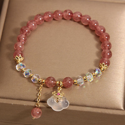 Buddha Stones Natural Strawberry Quartz Crystal White Agate Auspicious Cloud Healing Bracelet Bracelet BS 1