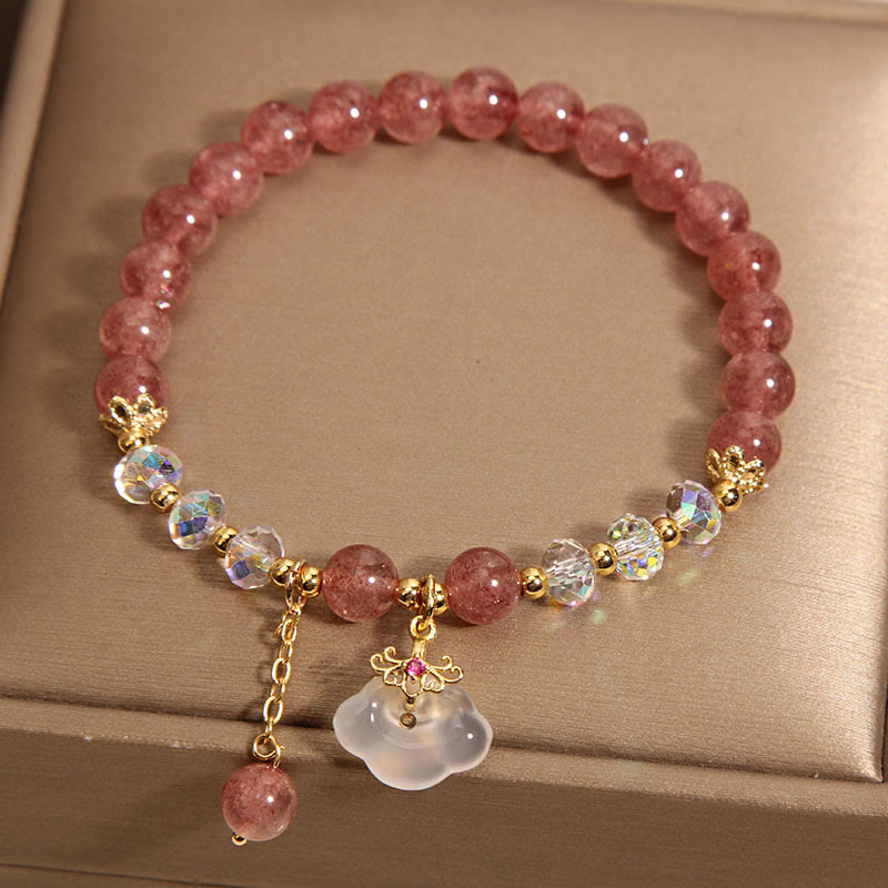 Buddha Stones Natural Strawberry Quartz Crystal White Agate Auspicious Cloud Healing Bracelet Bracelet BS 1