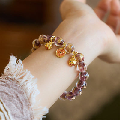 Buddha Stones Gold Swallowing Beast Copper Coin Good Luck Charm Liuli Glass Bead Fortune Bracelet Bracelet BS Purple Liuli Glass Bead(Wrist Circumference 14-16cm)