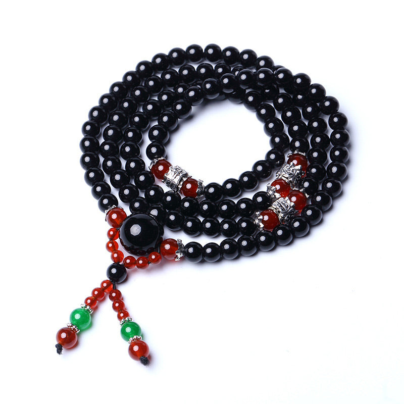 Buddha Stones 108 Beads Natural Black Obsidian Tiger Eye Mala Bracelet Mala Bracelet BS 18